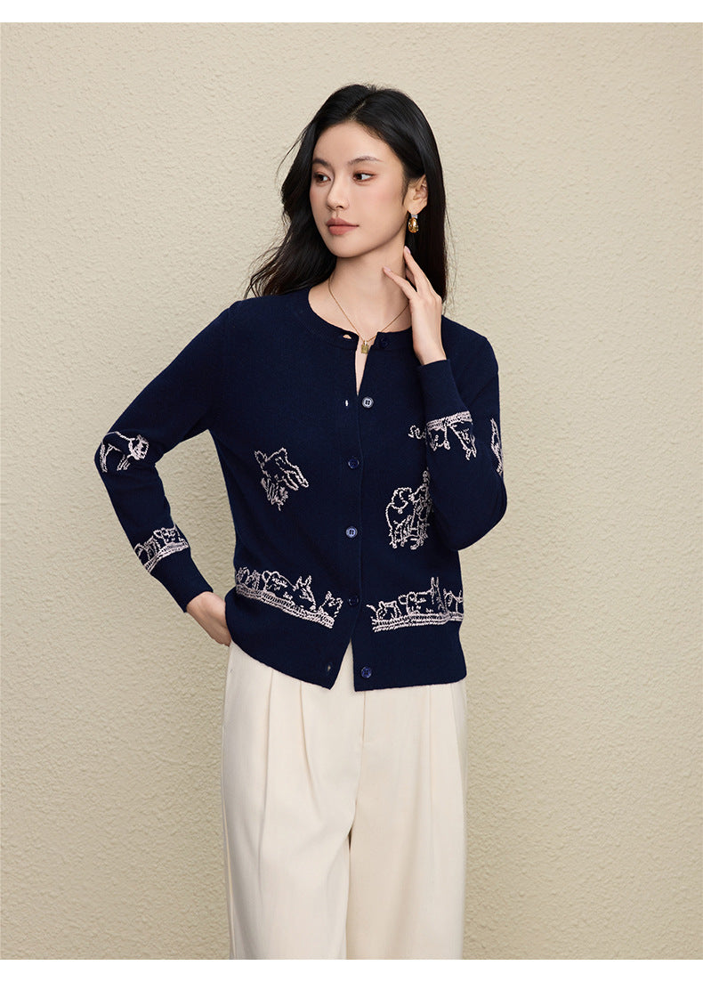 Wool Embroidered Cardigan Sweater | Gray, Dark Blue