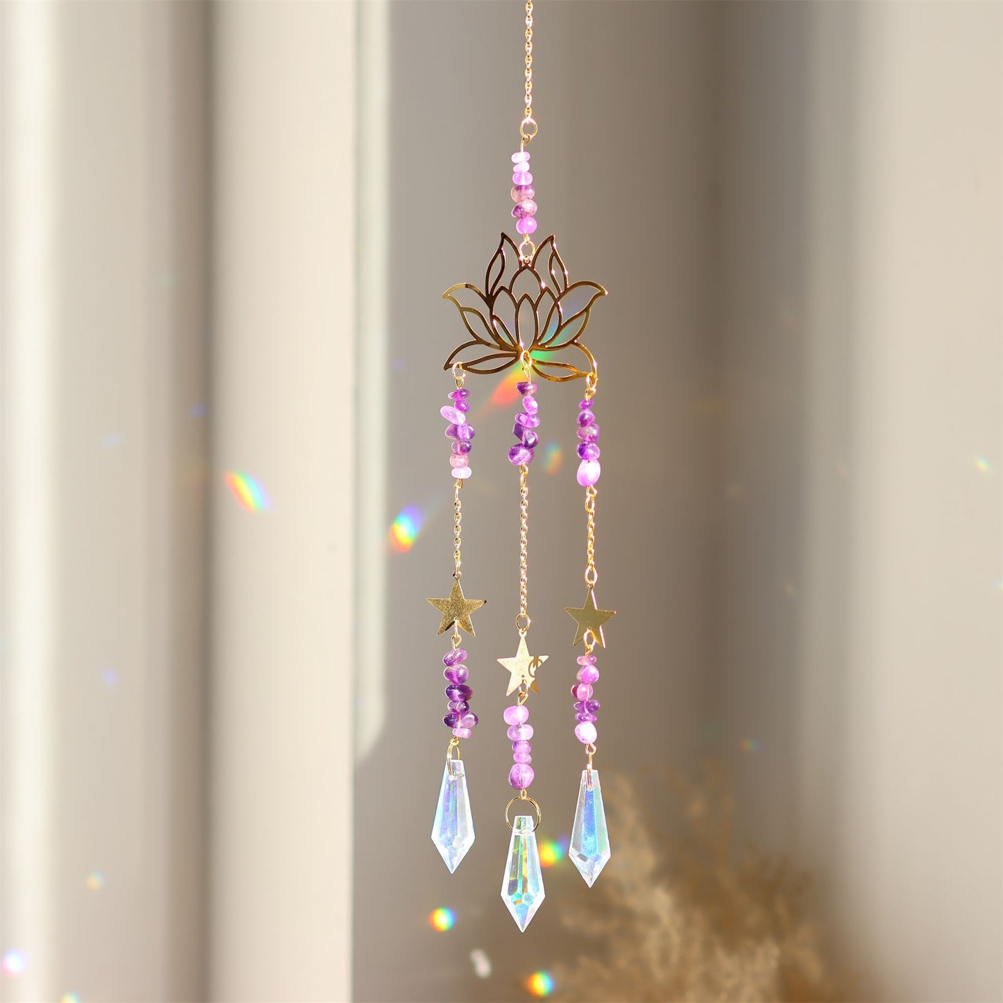 Crystal Suncatcher Natural Gravel Amethyst Lotus Flower Hanging Ornament