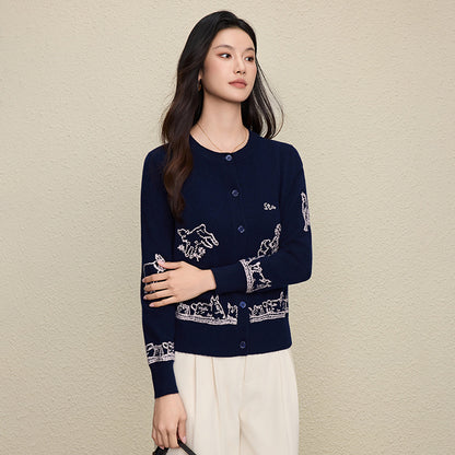 Wool Embroidered Cardigan Sweater | Gray, Dark Blue
