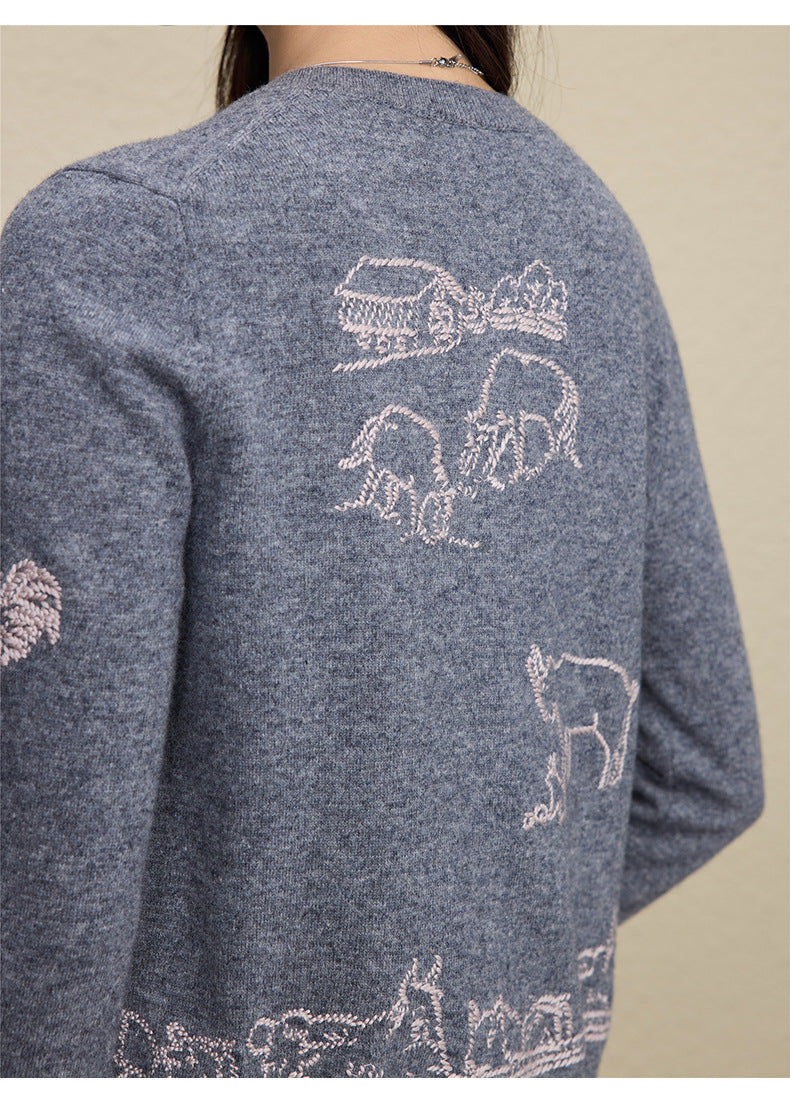 Wool Embroidered Cardigan Sweater | Gray, Dark Blue