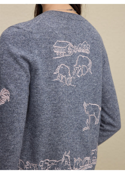 Wool Embroidered Cardigan Sweater | Gray, Dark Blue