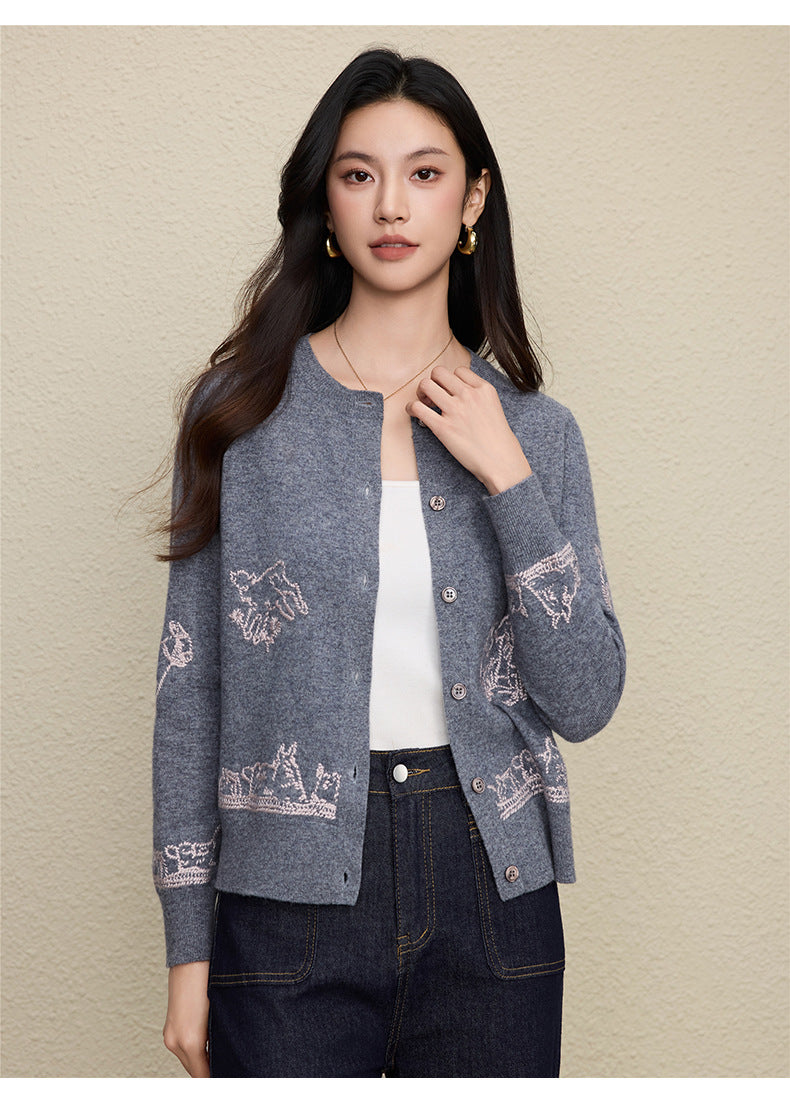 Wool Embroidered Cardigan Sweater | Gray, Dark Blue