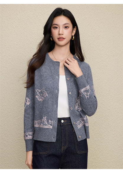 Wool Embroidered Cardigan Sweater | Gray, Dark Blue