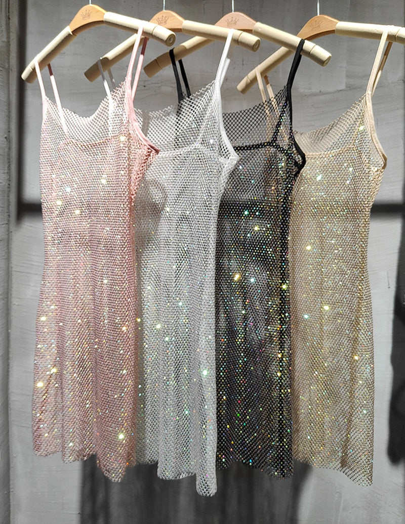 Bungee Sexy Slim Slim Women's Summer New Bright Diamond Crystal Temperament Bag Hip Sling Mid-length Dress Fashion Trend