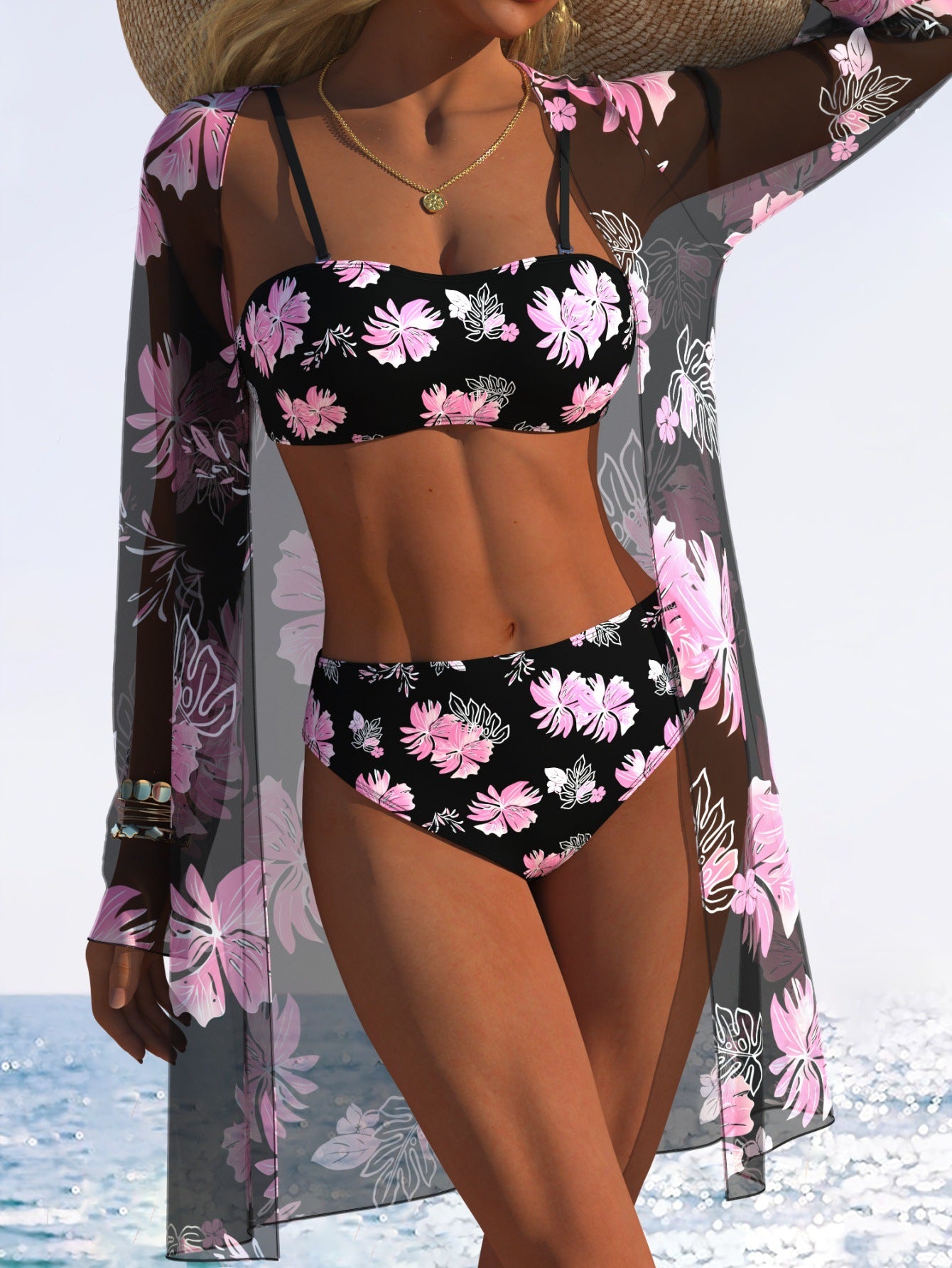 Polyester Tie Up Printed Bikini | Solid Color, Sleeveless