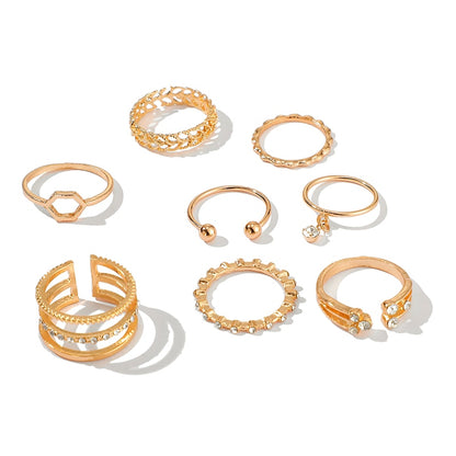 Geometric Crystal Stone Rings Set | Gold Chain, 8pcs