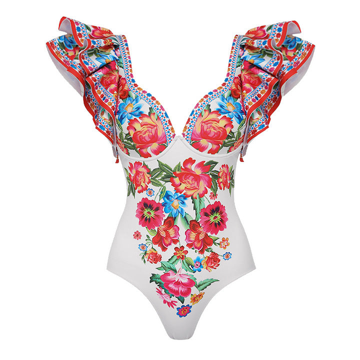 Print Sleeveless Ruffle Hem Slim Fit One-Piece Swimwear Set