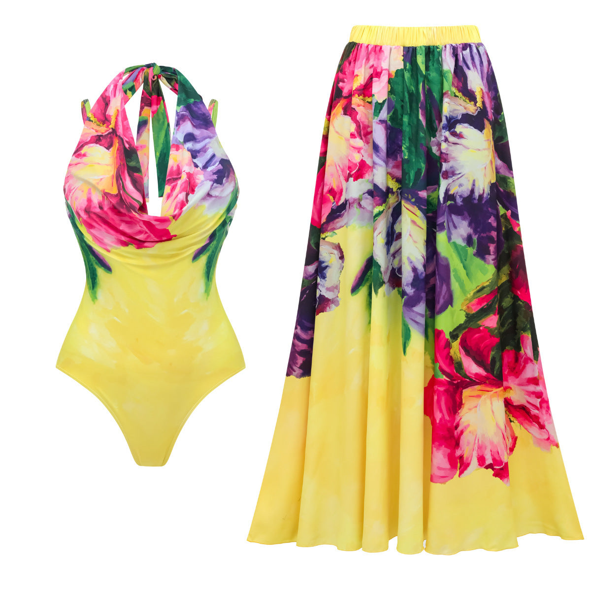 Bright Yellow Printed Vacation One-Piece Swimsuit Set for Women