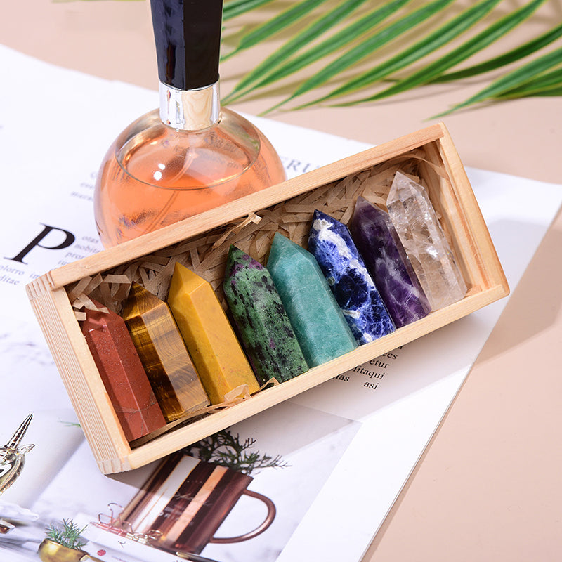 Natural Crystal Single Pointed Column Set White Crystal Pink Crystal Eight-Color Wooden Box Set