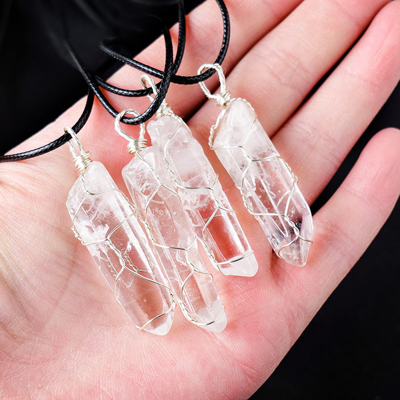 Crystal Pendant Necklace | White, Hexagonal, Wrapped