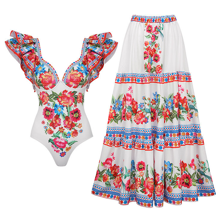 Print Sleeveless Ruffle Hem Slim Fit One-Piece Swimwear Set