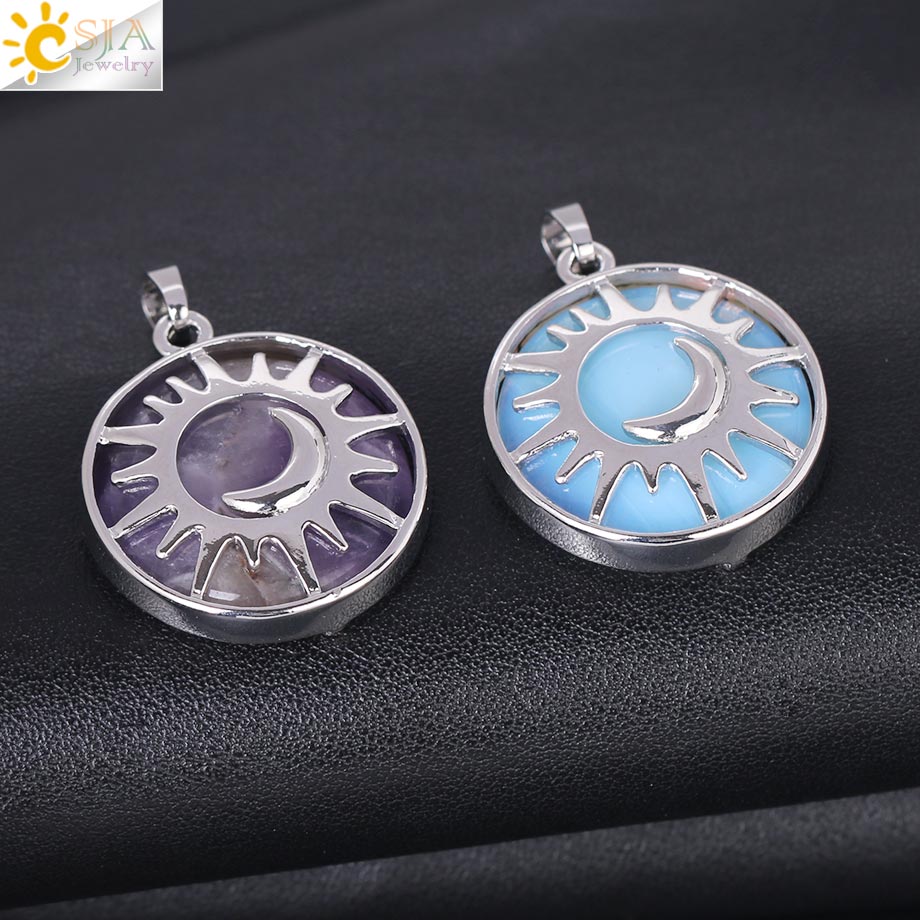 CSJA Sun & Moon Pendant Reiki Healing Natural Stone Purple White Crystal Quartz Beads for Jewelry Making Necklace