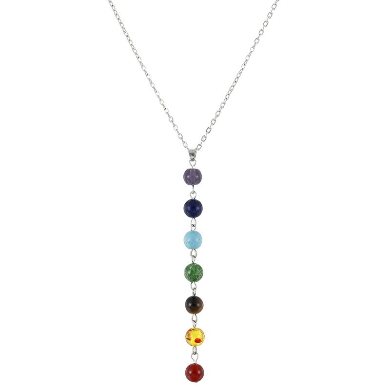 7 Chakra Beads Yoga Reiki Rainbow Round Natural Stone Long Drop  pendants Necklace