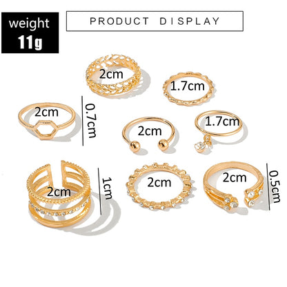 Geometric Crystal Stone Rings Set | Gold Chain, 8pcs
