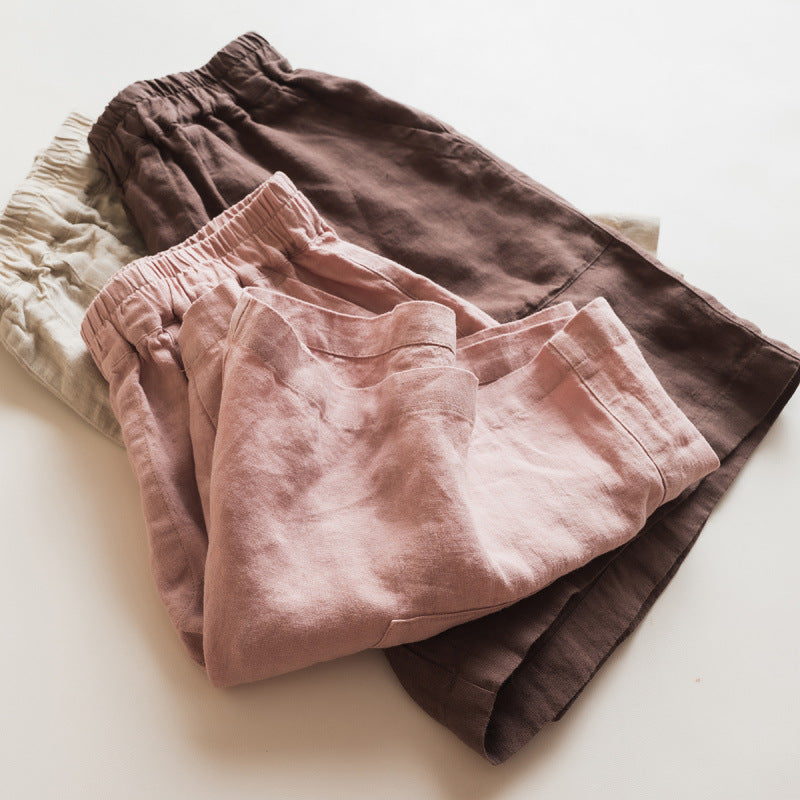 Washed Pure Linen Loose Shorts Simple Literary Comfortable Versatile Strolling Leisure Cool Five-Quarter Pants for Women Summer