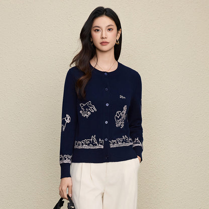 Wool Embroidered Cardigan Sweater | Gray, Dark Blue