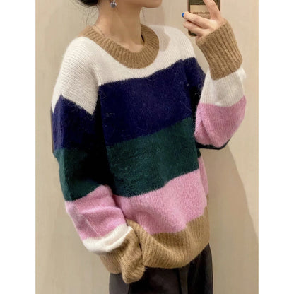 Cotton Round Neck Sweater | Pink & Navy, Loose Fit