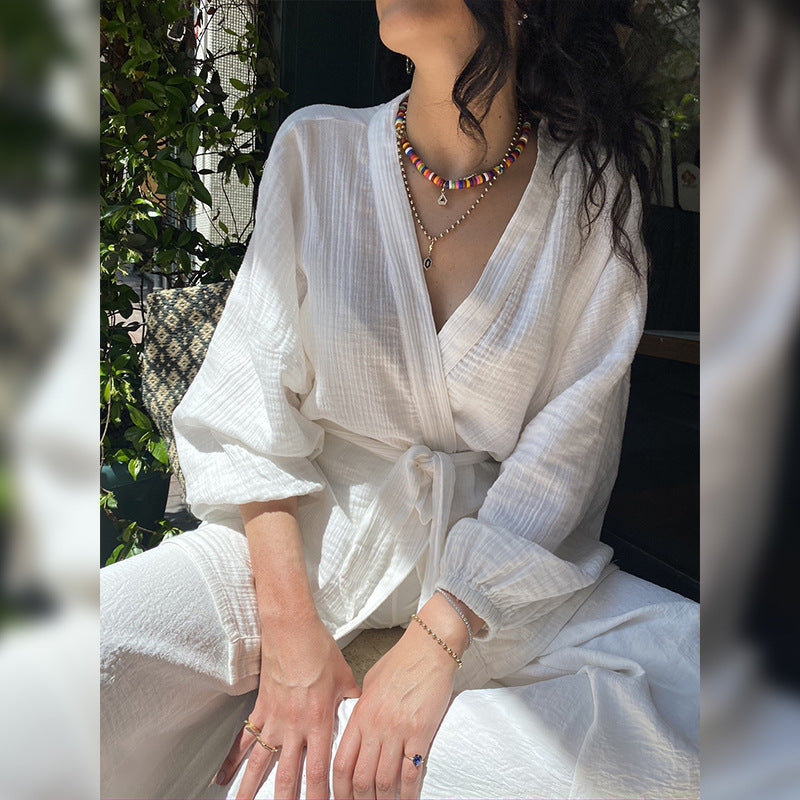 Cotton Bathrobe | Short Length, Off-white & Blue