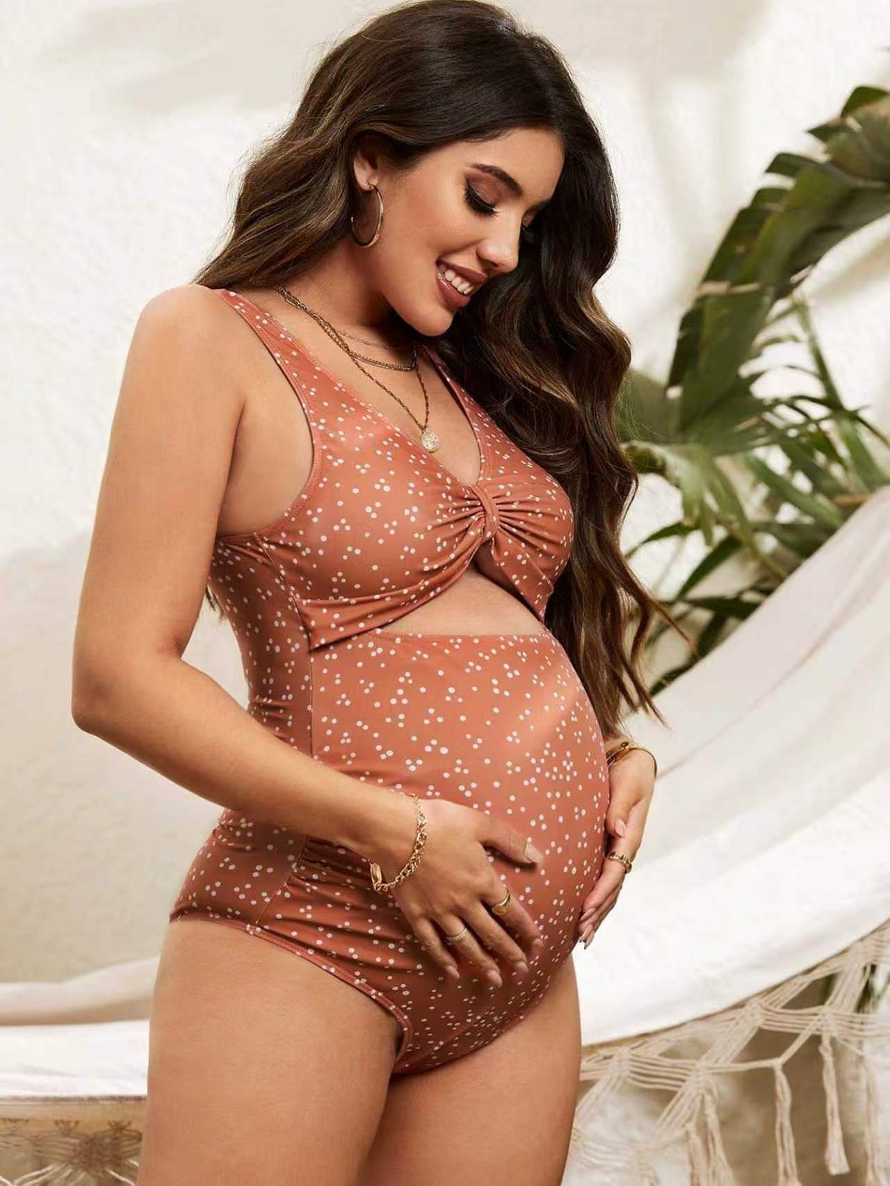Polyester One-Piece Maternity Swimsuit | Polka Dot, Beige