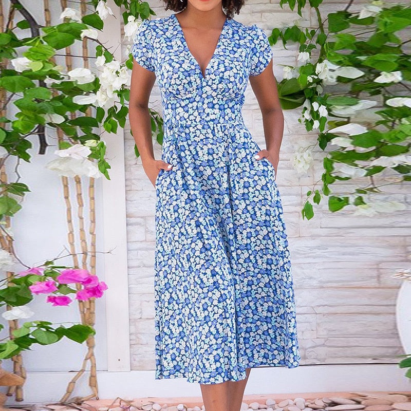 Printed Pocket Boho V-Neck Dress