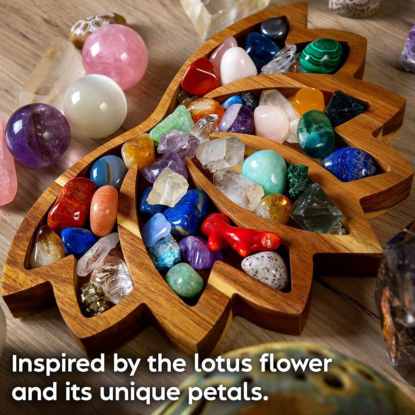 Full Of Crystal Stone Lotus Shape Tray Display Storage Box Pine Wood Handicraft Ornaments