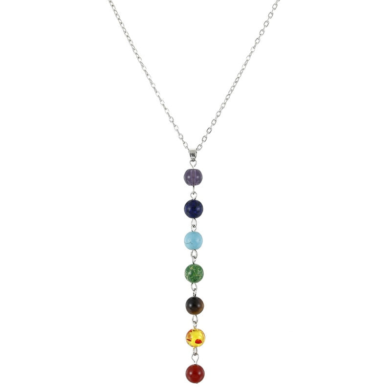 7 Chakra Beads Yoga Reiki Rainbow Round Natural Stone Long Drop  pendants Necklace