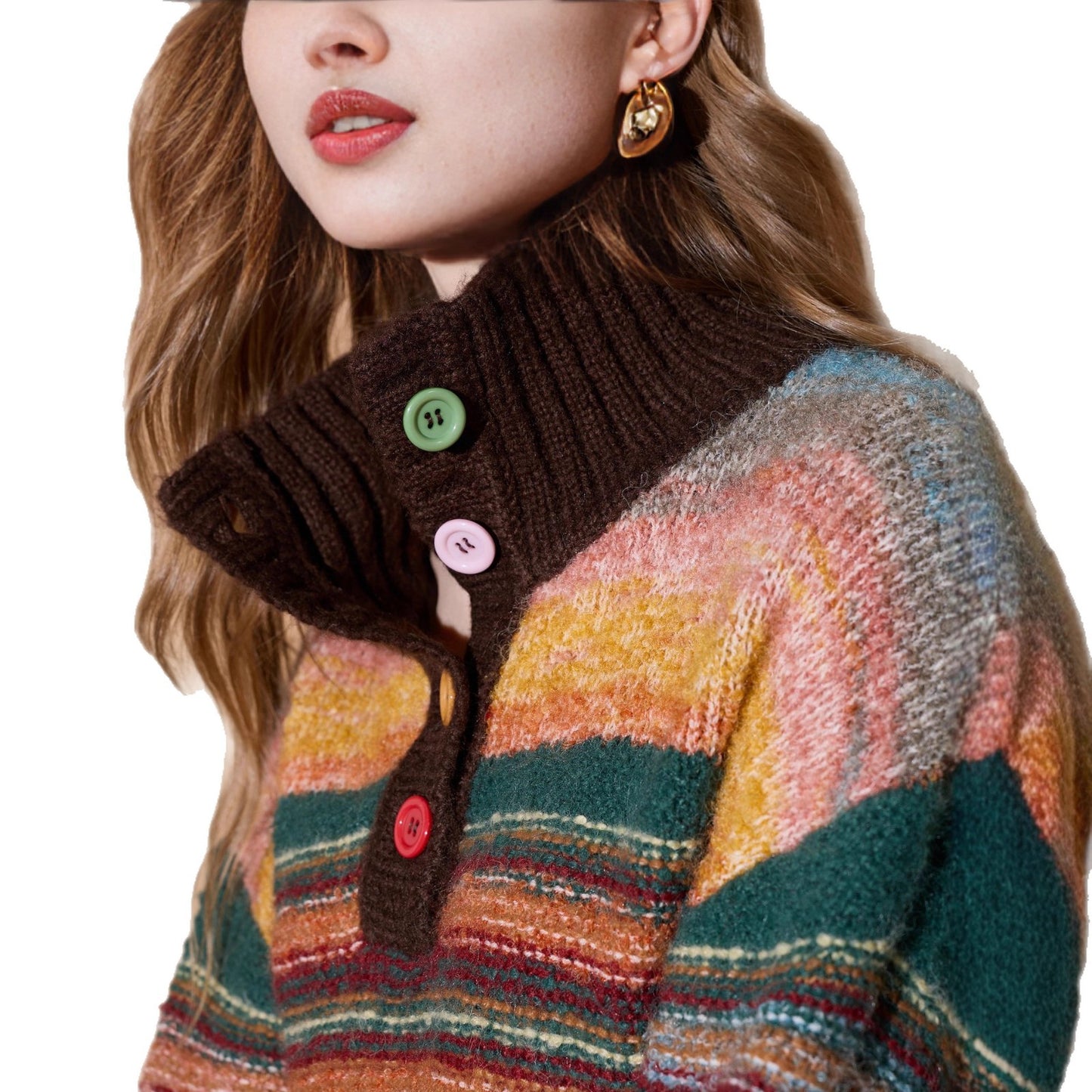 Cream Knit Sweater Rainbow Stripe Polo Collar Wool Sweater for Women