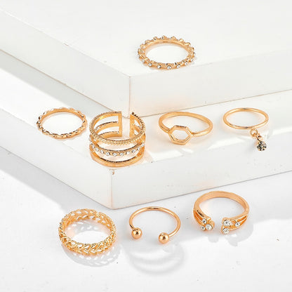 Geometric Crystal Stone Rings Set | Gold Chain, 8pcs