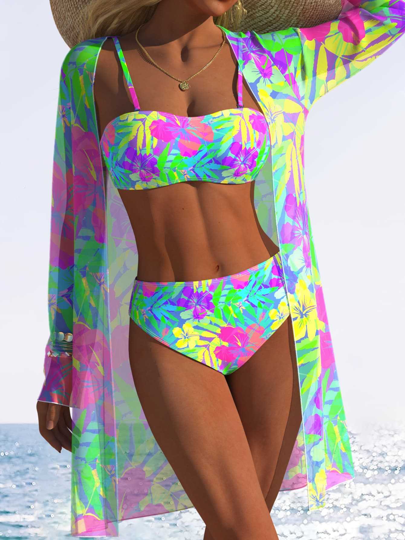 Polyester Tie Up Printed Bikini | Solid Color, Sleeveless