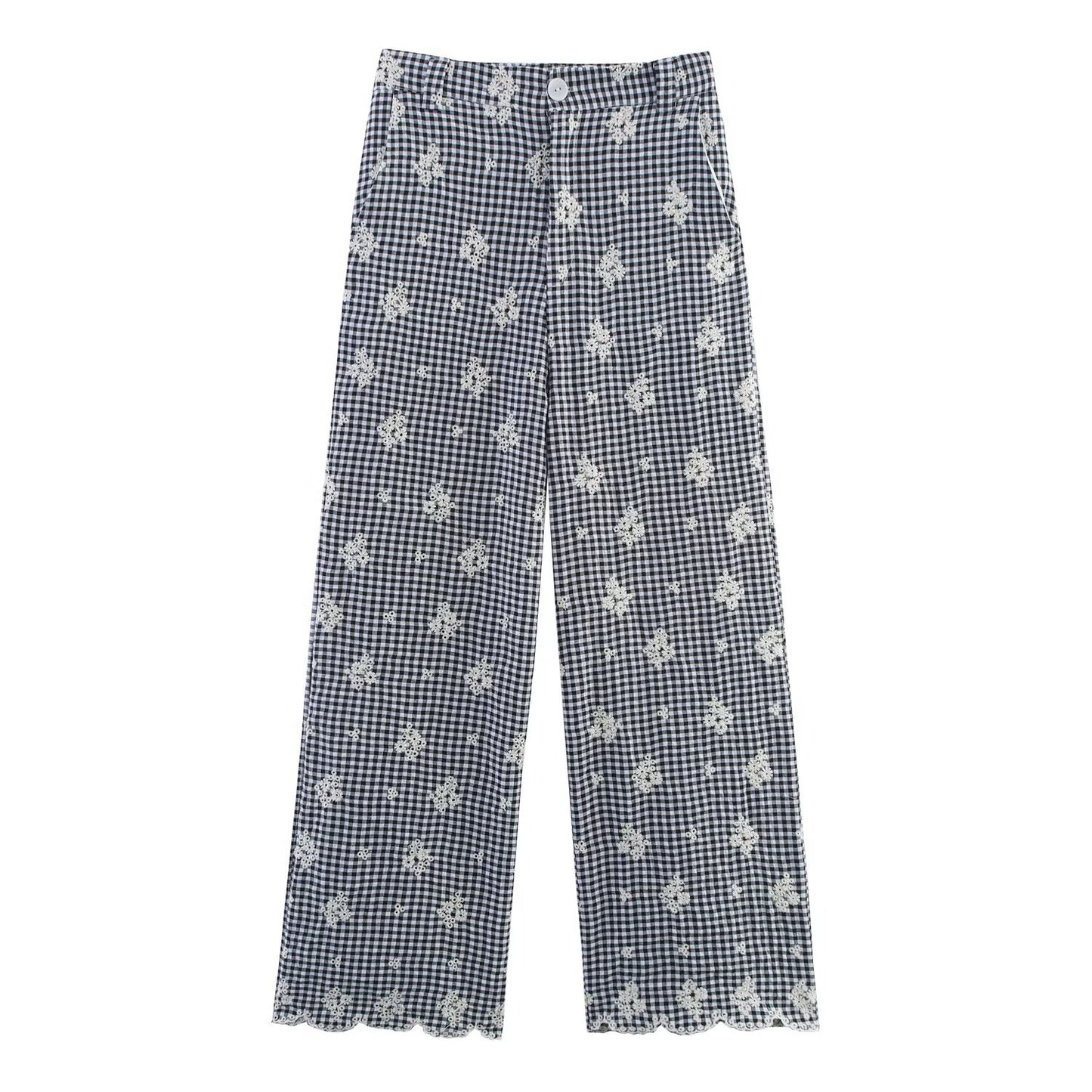 Polyester Plaid Set | Embroidered Shirt & Wide Leg Pants