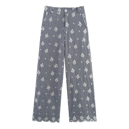 Polyester Plaid Set | Embroidered Shirt & Wide Leg Pants