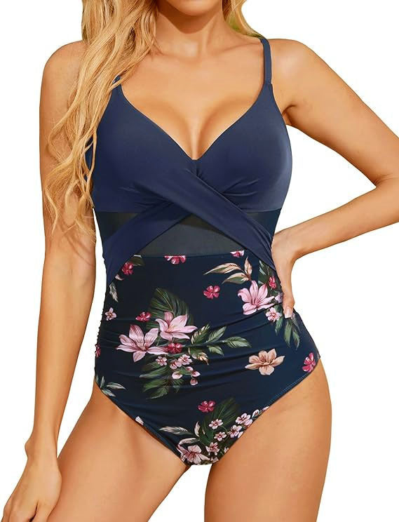 Polyester One-Piece Swimsuit | Pink, Blue, Floral, Striped