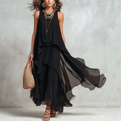 Chiffon Long Dress | Black, Sleeveless, A-line