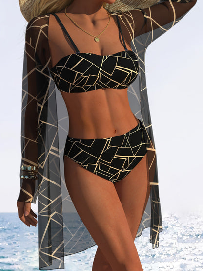 Polyester Tie Up Printed Bikini | Solid Color, Sleeveless