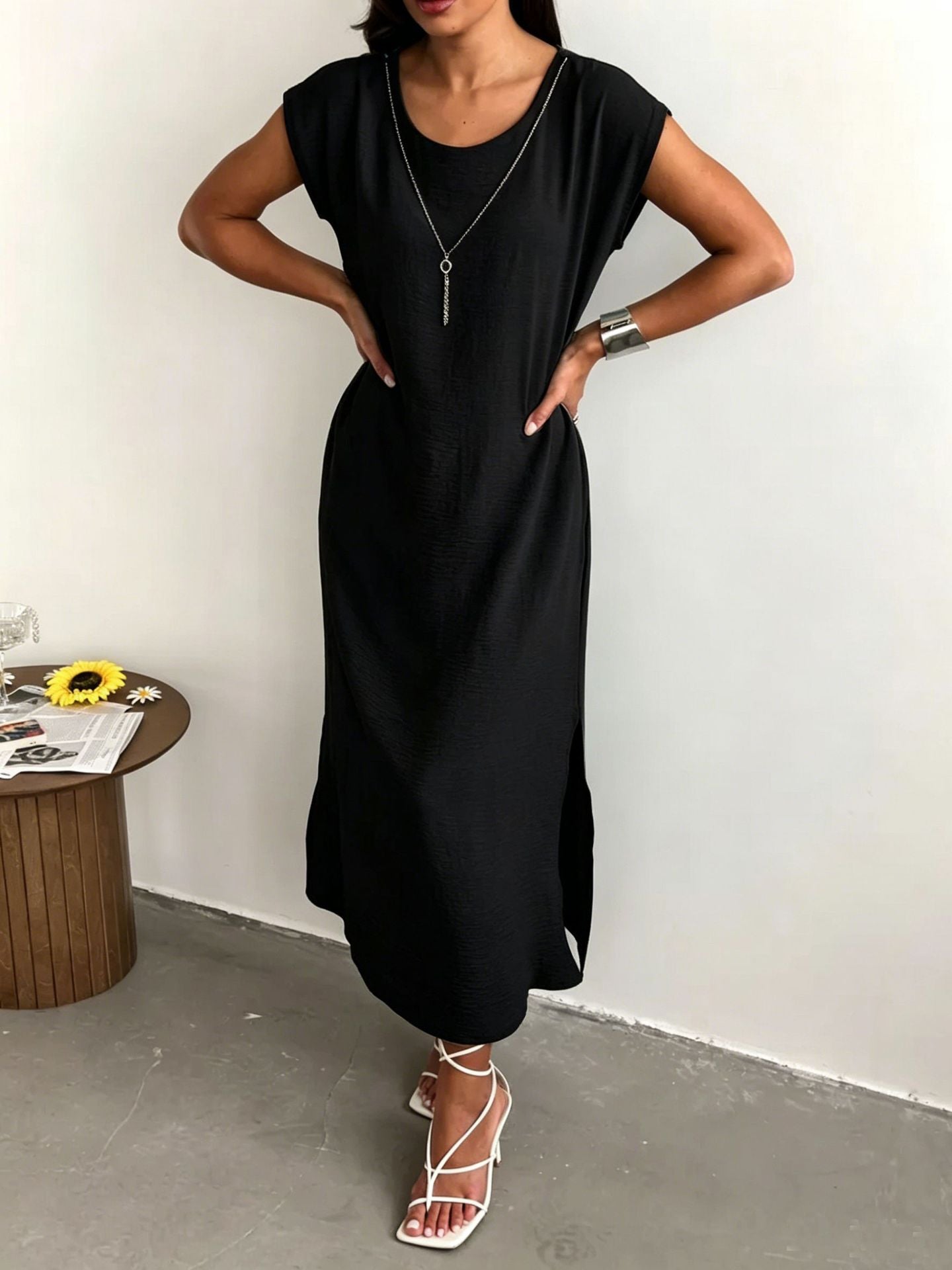 Polyester Sleeveless Slim Fit Dress | White, Black, Blue