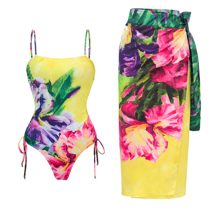 Bright Yellow Printed Vacation One-Piece Swimsuit Set for Women