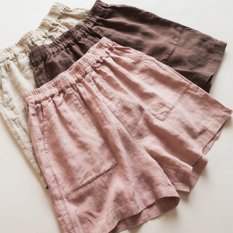 Washed Pure Linen Loose Shorts Simple Literary Comfortable Versatile Strolling Leisure Cool Five-Quarter Pants for Women Summer