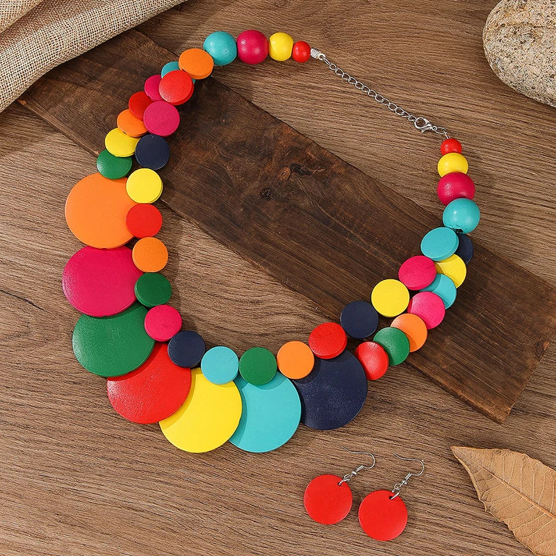 Wood Necklace Earrings Set | Big Colorful, Boho Style