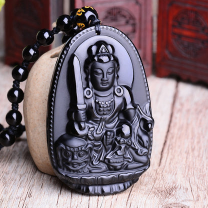 Black Obsidian Pendant Necklace | Six Stars Lucky Amulet