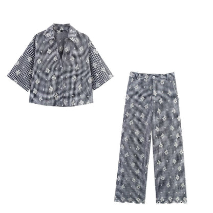 Polyester Plaid Set | Embroidered Shirt & Wide Leg Pants