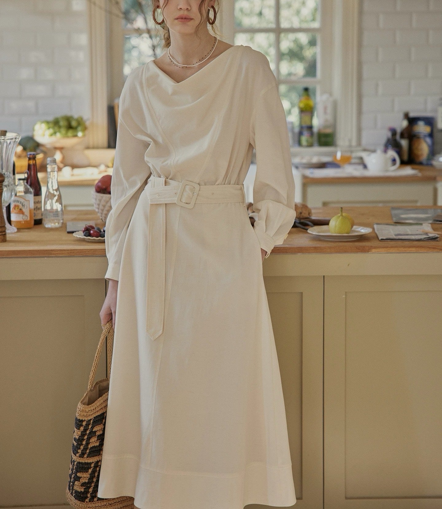 Linen Dress | Bamboo Texture, Beige, Mid-Length