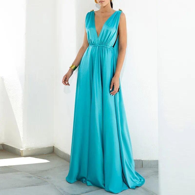 Polyester Maxi Party Dress | V-Neck, Backless, Sleeveless