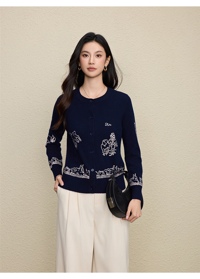 Wool Embroidered Cardigan Sweater | Gray, Dark Blue