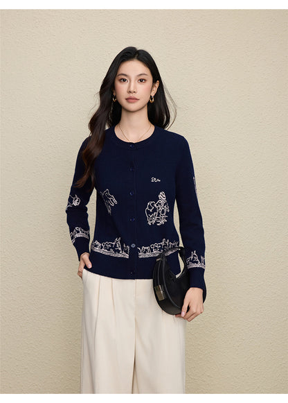 Wool Embroidered Cardigan Sweater | Gray, Dark Blue