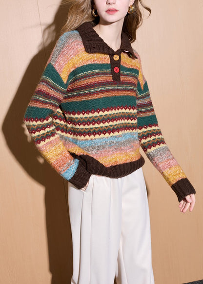 Polyester Knit Sweater | Cream, Rainbow Stripe, Polo Collar