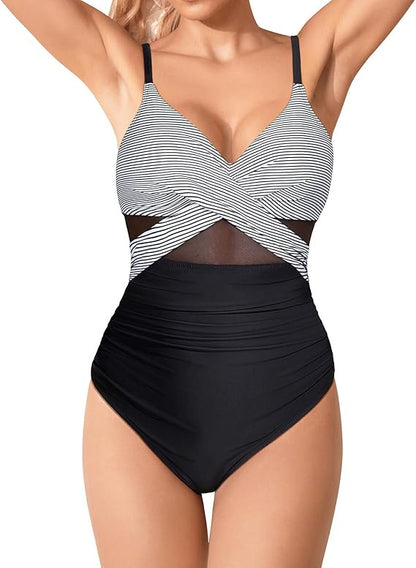 Polyester One-Piece Swimsuit | Pink, Blue, Floral, Striped
