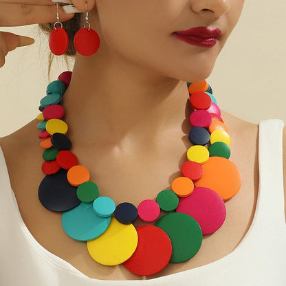 Wood Necklace Earrings Set | Big Colorful, Boho Style