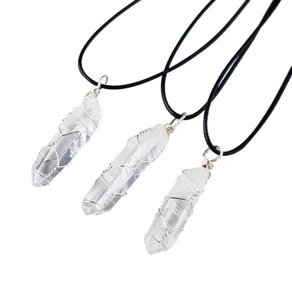 Crystal Pendant Necklace | White, Hexagonal, Wrapped