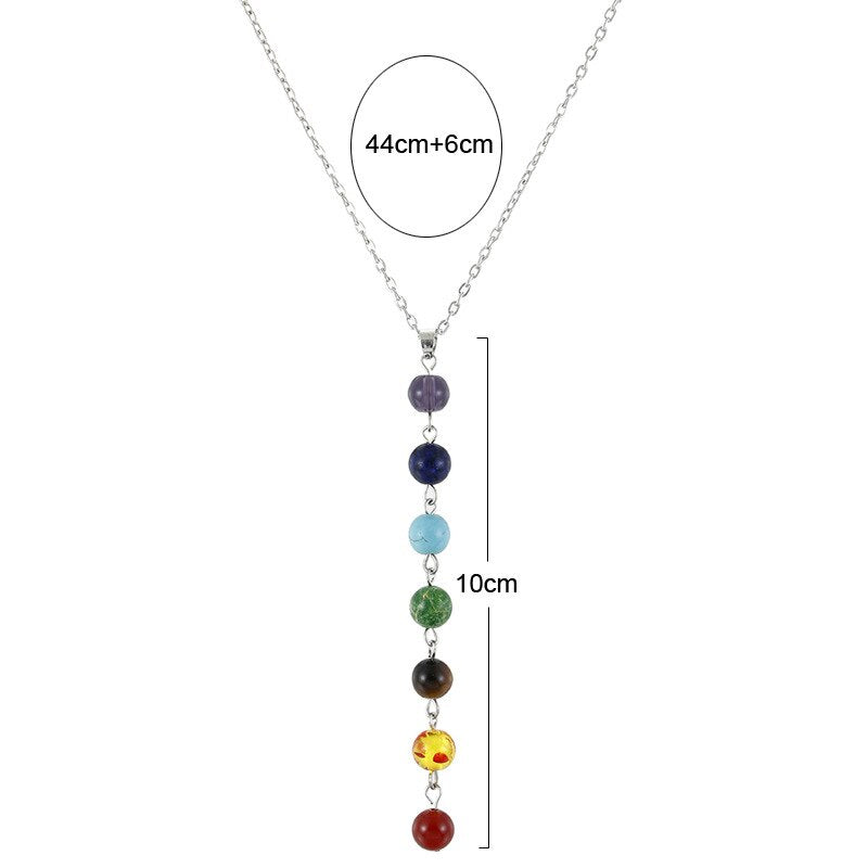 7 Chakra Beads Yoga Reiki Rainbow Round Natural Stone Long Drop  pendants Necklace