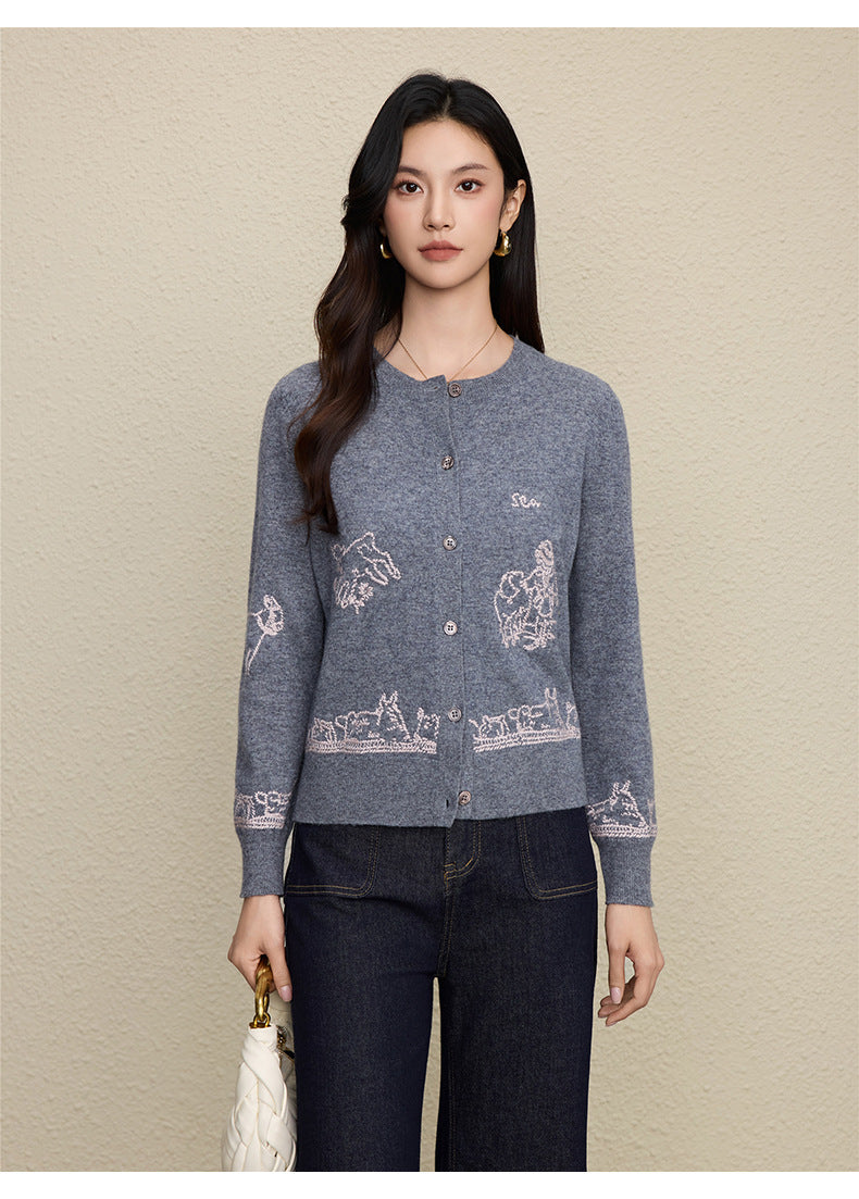 Wool Embroidered Cardigan Sweater | Gray, Dark Blue